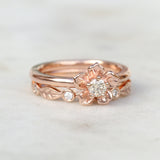 Forget me not ring and diamond leaf ring in rose gold