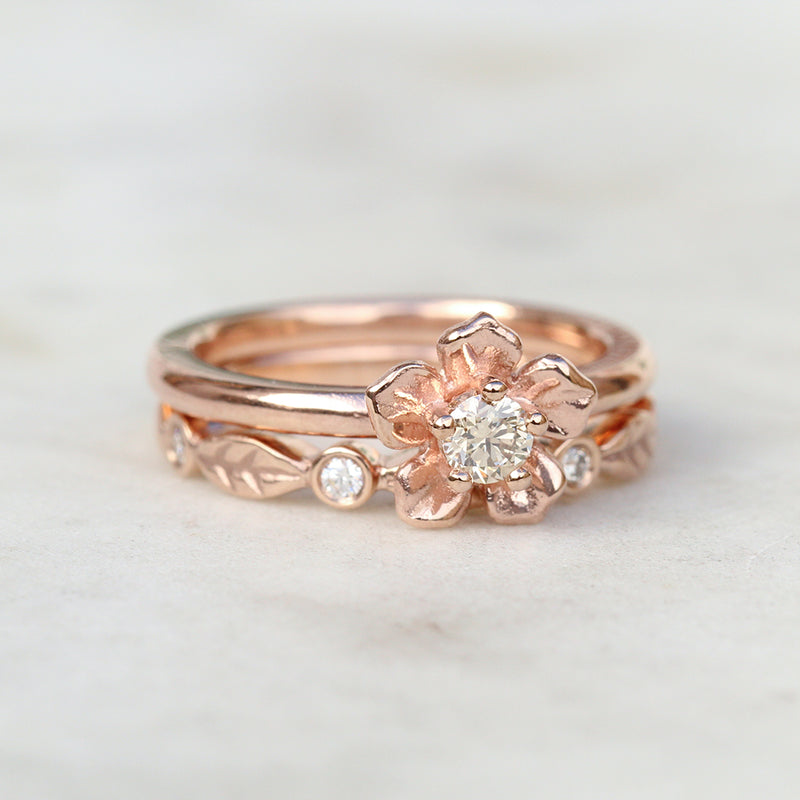 Forget me not ring and diamond leaf ring in rose gold