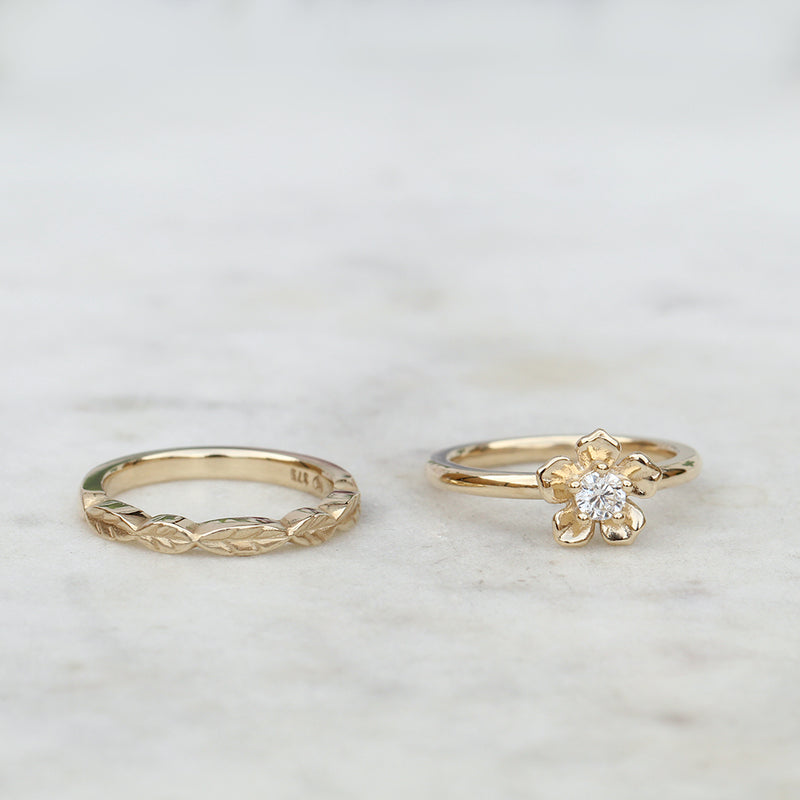 forget me not flower engagement ring and leaf wedding ring