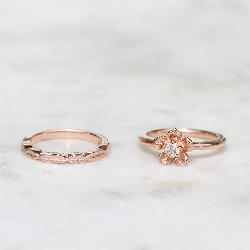 forget me not flower engagement ring and leaf wedding ring