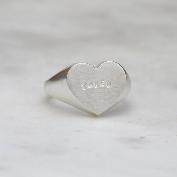 silver taken heart signet ring