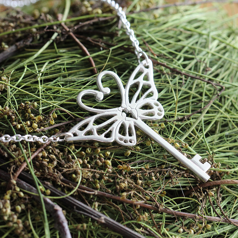 butterfly key necklace silver