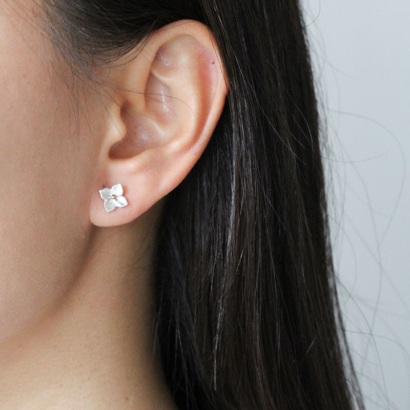 hydrangea stud earrings in rose gold and silver