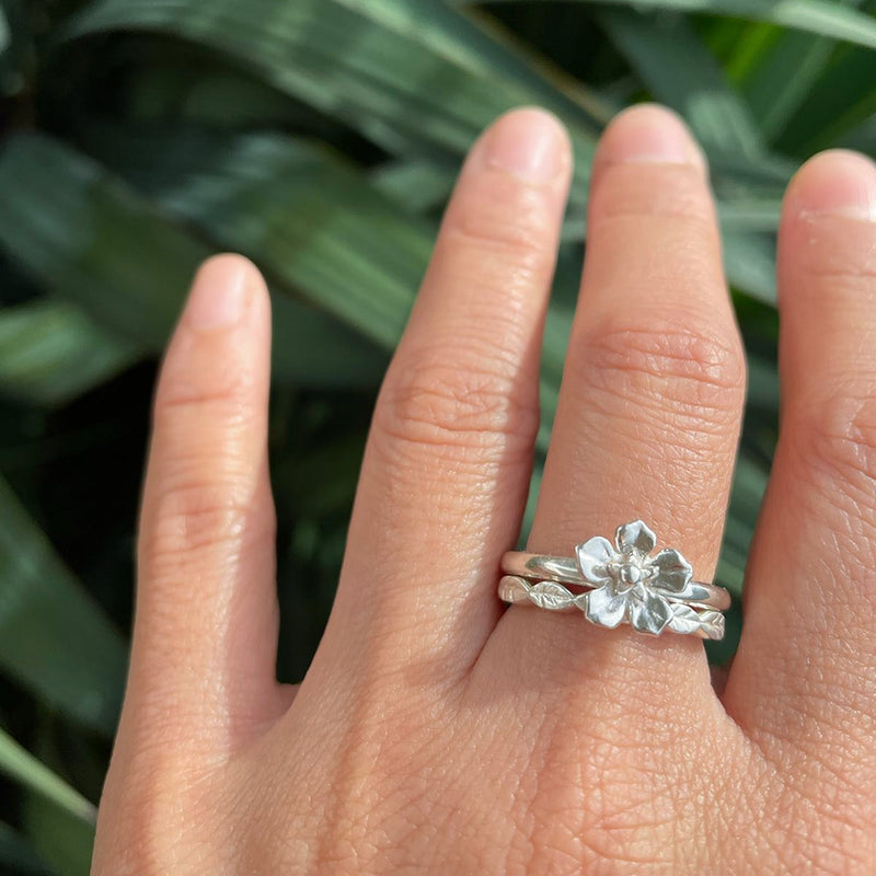 forget me not flower ring and leaf ring in silver